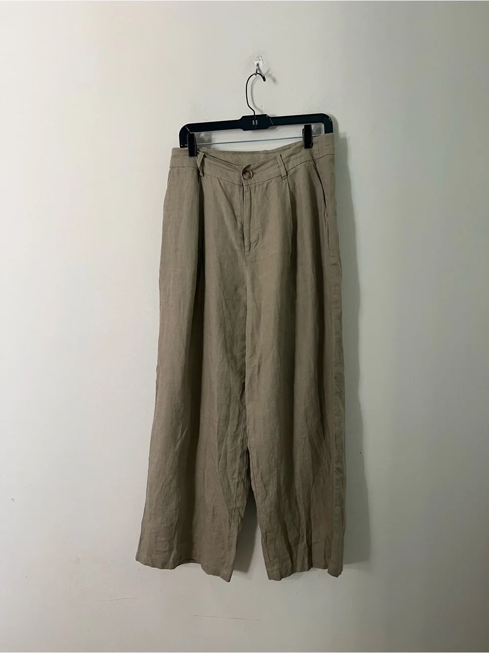 Zara Wide-Leg Khaki Linen-Blend Pants
